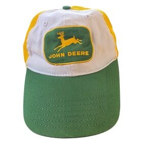 Vintage John Deere Cap Hat White mesh Green Yellow One Size Stretch‎ Fitted